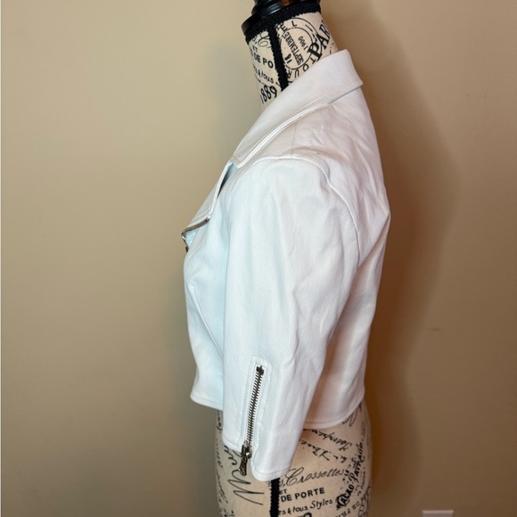 White cropped genuine Leather moto jacket - Picture 3 of 15